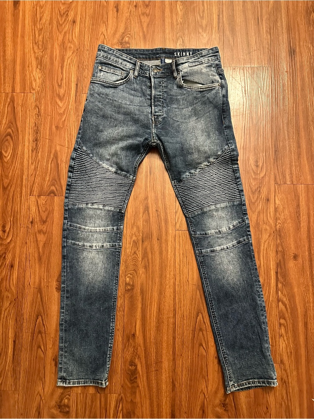 H&M Men's Skinny Jeans in Washed Blue with Moto Rib Panels